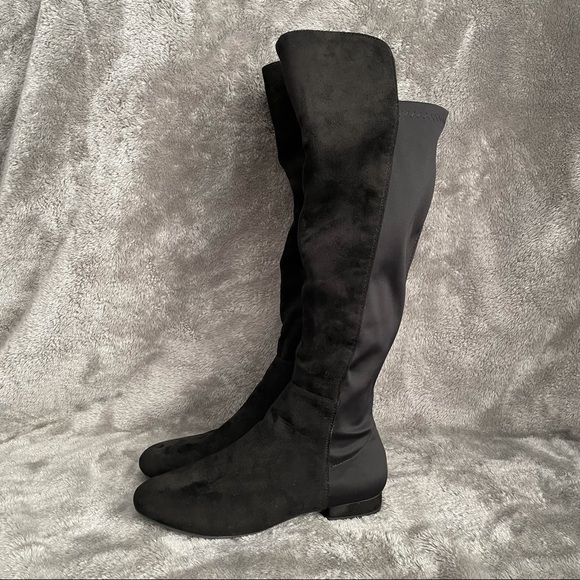 Wild Diva Black Faux Suede Over The Knee Boots Size 7 Flat Slouchy Zip Up OTK - Picture 7 of 13